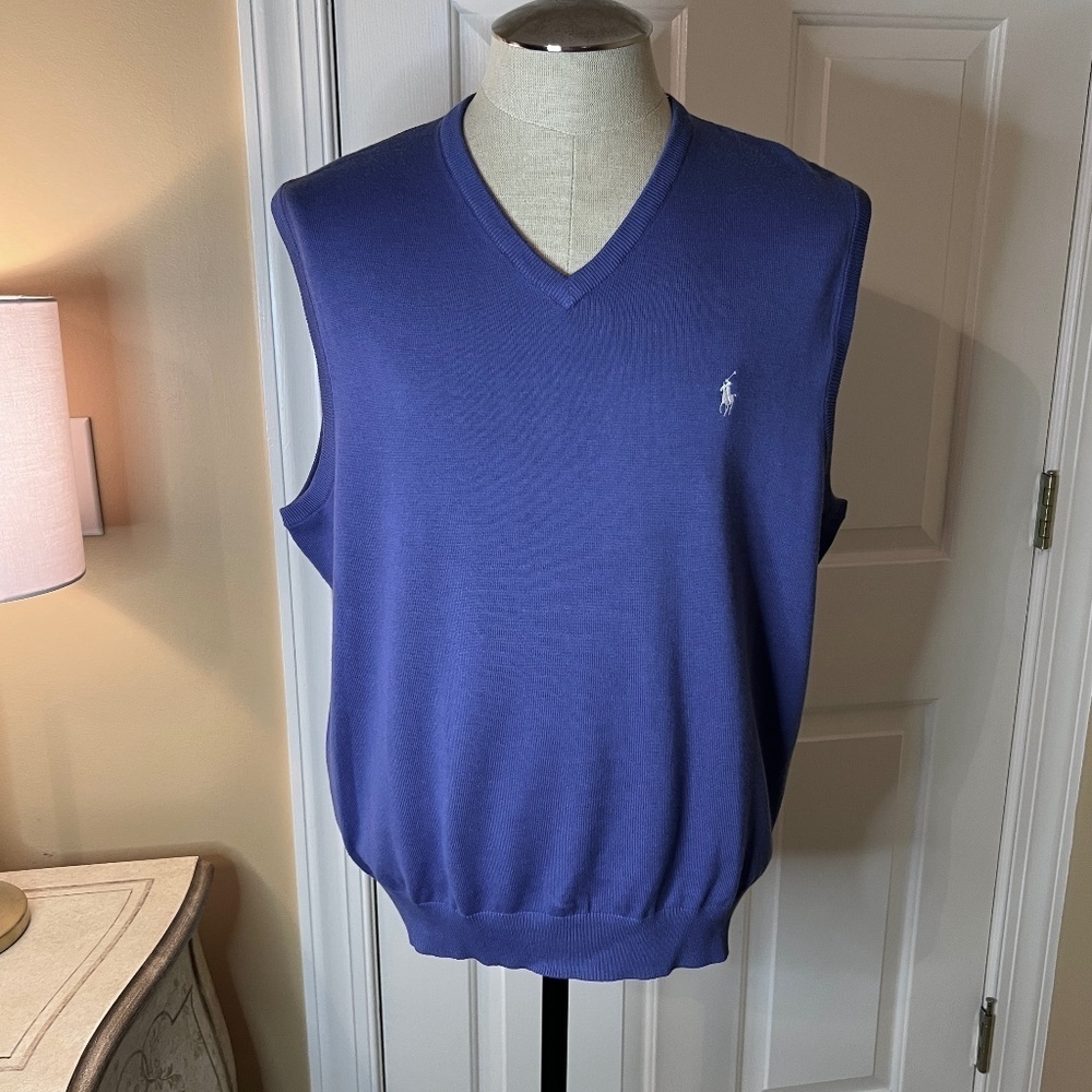 NWOT Men's Ralph Lauren Polo Golf Blue Cashmere Blend V-Neck Sweater Vest LARGE